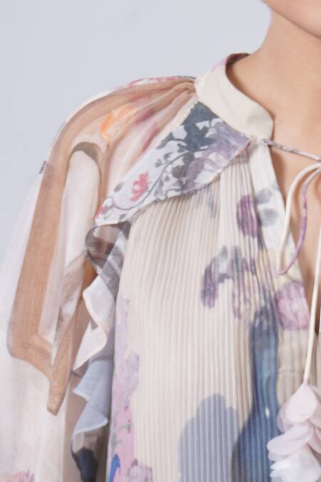 Pankaj & Nidhi Multi Color Chiffon Bandeau Neck Flower Vase Print Pleated Dress Online at Aza Fashions Pankaj & Nidhi_Multi Color Chiffon Bandeau Neck Flower Vase Print Pleated Dress _Online_at_Aza_Fashions