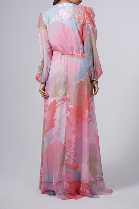 Shop Pankaj & Nidhi Multi Color Sequins, Embroidery V-neck Cusp Floral Print Dress at Aza Fashions Shop_Pankaj & Nidhi_Multi Color Sequins, Embroidery V-neck Cusp Floral Print Dress _at_Aza_Fashions