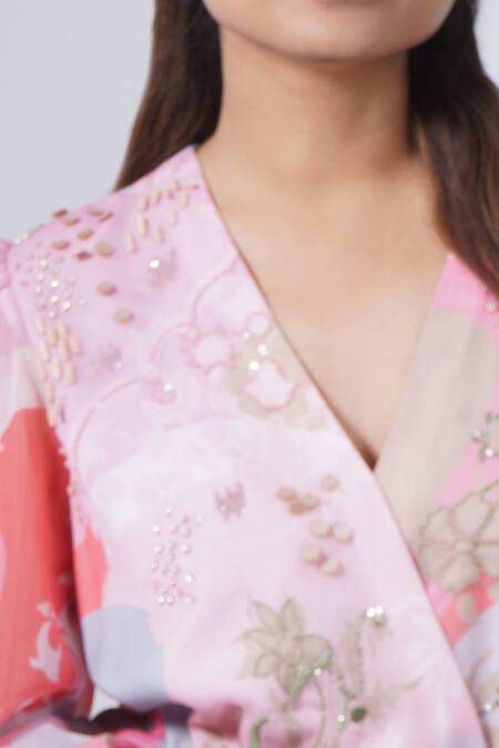 Pankaj & Nidhi Multi Color Sequins, Embroidery V-neck Cusp Floral Print Dress Online at Aza Fashions Pankaj & Nidhi_Multi Color Sequins, Embroidery V-neck Cusp Floral Print Dress _Online_at_Aza_Fashions