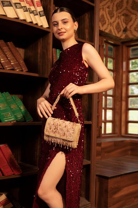 Shop Modarta Pink Crystals Tassel Jaal Work Bag at Aza Fashions Shop_Modarta_Pink Crystals Tassel Jaal Work Bag _at_Aza_Fashions