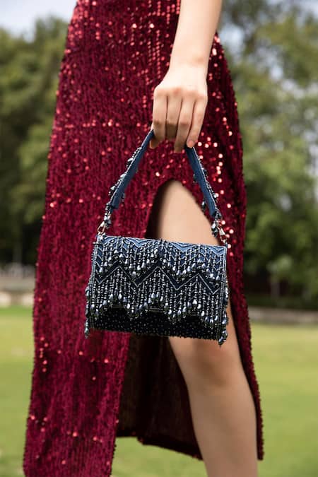 Shop Modarta Blue Beads, Tassels Embellished Flap Bag at Aza Fashions Shop_Modarta_Blue Beads, Tassels Embellished Flap Bag _at_Aza_Fashions