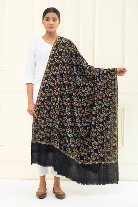 Pashme Ladakh Black Embroidered Morning Glory Pashmina Shawl 