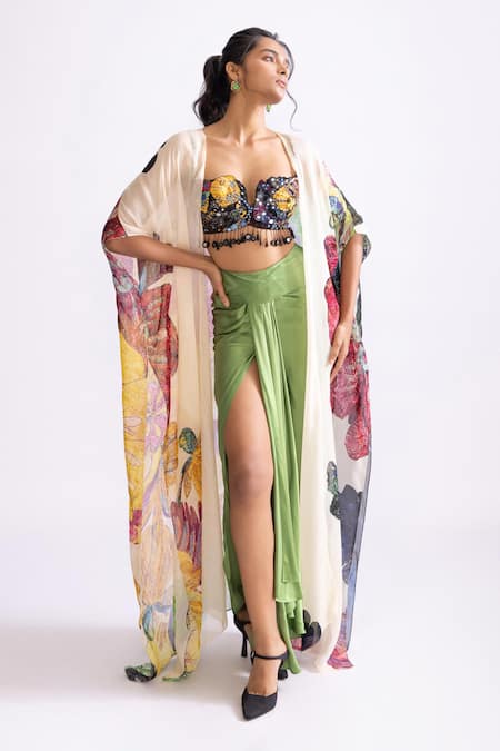 Shop_Saaksha & Kinni_Green Satin Sass High Waisted Draped Skirt _at_Aza_Fashions