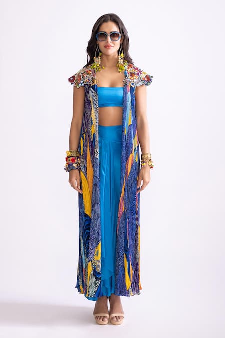 Shop_Saaksha & Kinni_Blue Satin Sass Ruffle Draped Skirt _at_Aza_Fashions