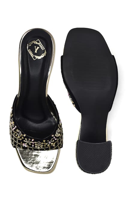 Shop_Yassio_Black Cut Work, Sequins Alia Velvet Embroidered Heels _at_Aza_Fashions