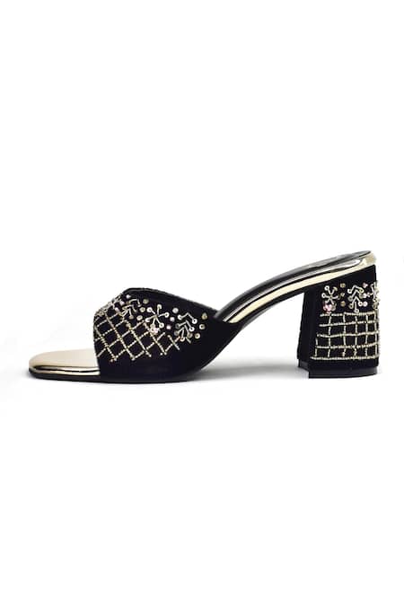 Yassio_Black Cut Work, Sequins Alia Velvet Embroidered Heels _Online_at_Aza_Fashions