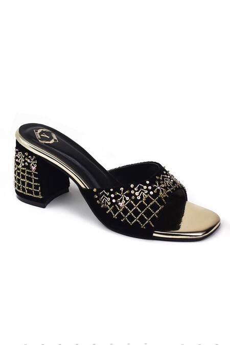 Buy_Yassio_Black Cut Work, Sequins Alia Velvet Embroidered Heels _Online_at_Aza_Fashions