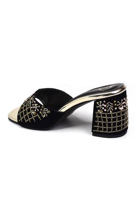 Shop_Yassio_Black Cut Work, Sequins Alia Velvet Embroidered Heels _Online_at_Aza_Fashions