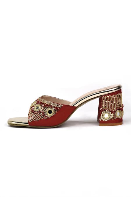 Buy_Yassio_Red Sequins, Mirrors Begum And Embroidered Heels _Online_at_Aza_Fashions
