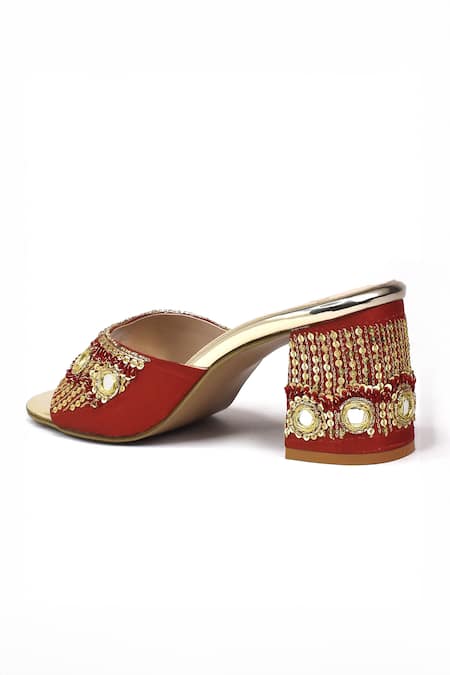 Shop_Yassio_Red Sequins, Mirrors Begum And Embroidered Heels _Online_at_Aza_Fashions