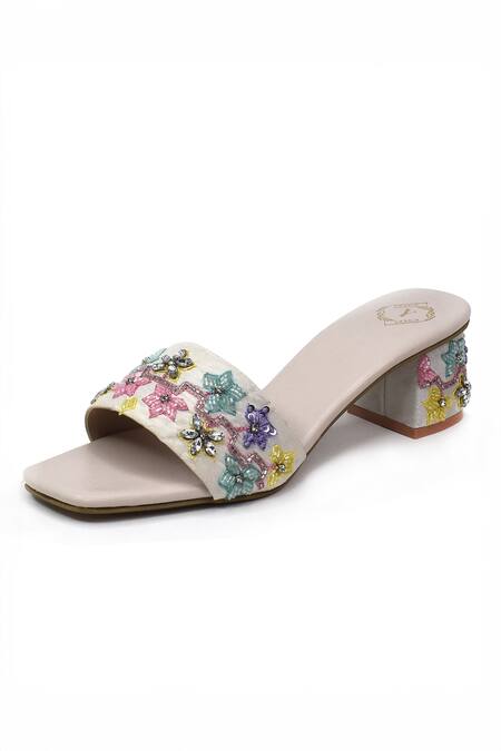 Yassio_Multi Color Cut Work Eve Floral Cutdana Embroidered Heels _Online_at_Aza_Fashions