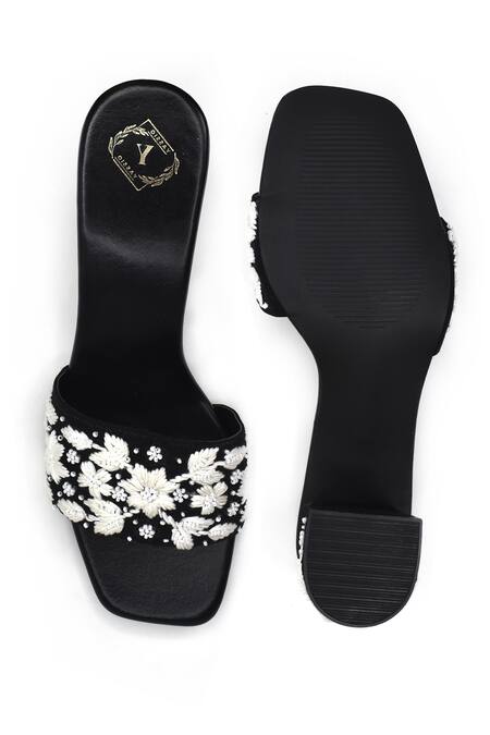 Shop_Yassio_Black Embroidery, Pearls Kira Embellished Heels _at_Aza_Fashions