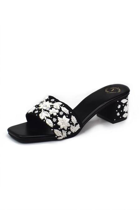 Yassio_Black Embroidery, Pearls Kira Embellished Heels _Online_at_Aza_Fashions