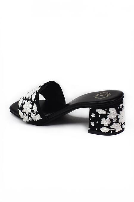 Shop_Yassio_Black Embroidery, Pearls Kira Embellished Heels _Online_at_Aza_Fashions