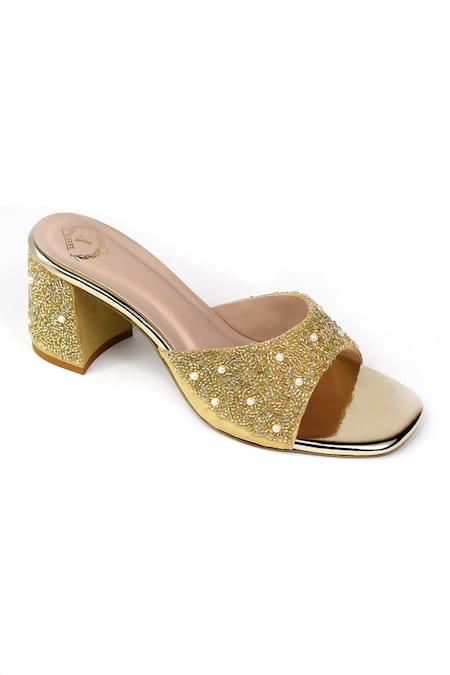 Yassio_Gold Cut Work, Pearls Ofreen Cutdana And Embroidered Heels _Online_at_Aza_Fashions