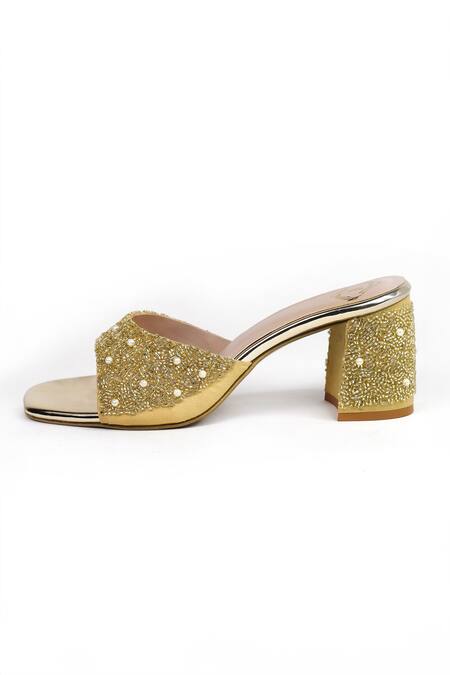 Buy_Yassio_Gold Cut Work, Pearls Ofreen Cutdana And Embroidered Heels _Online_at_Aza_Fashions