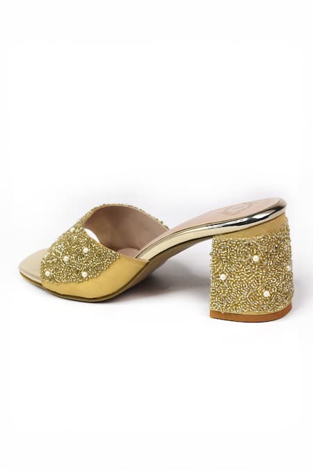 Shop_Yassio_Gold Cut Work, Pearls Ofreen Cutdana And Embroidered Heels _Online_at_Aza_Fashions