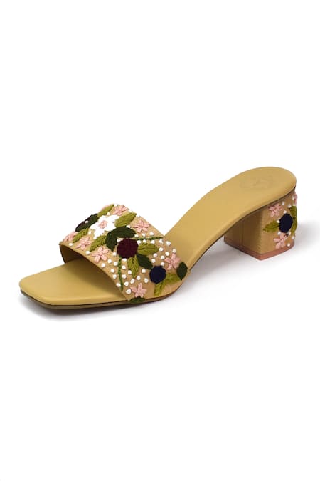 Yassio_Brown Embroidery, Cut Work Sabaa Cutdana And Pearl Heels _Online_at_Aza_Fashions