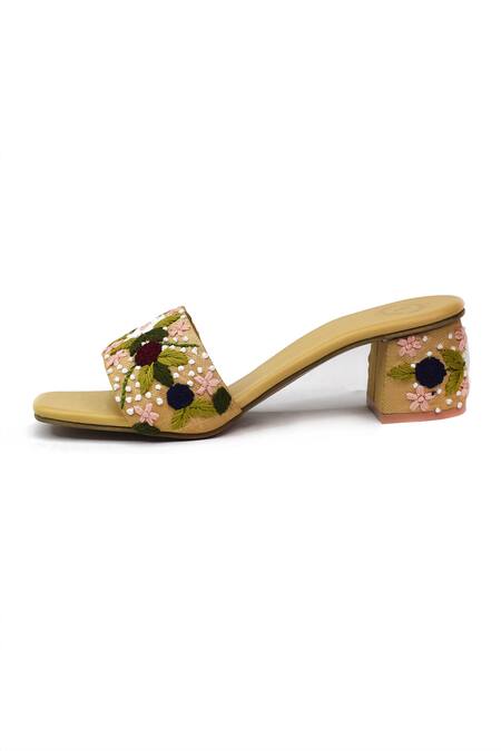 Buy_Yassio_Brown Embroidery, Cut Work Sabaa Cutdana And Pearl Heels _Online_at_Aza_Fashions