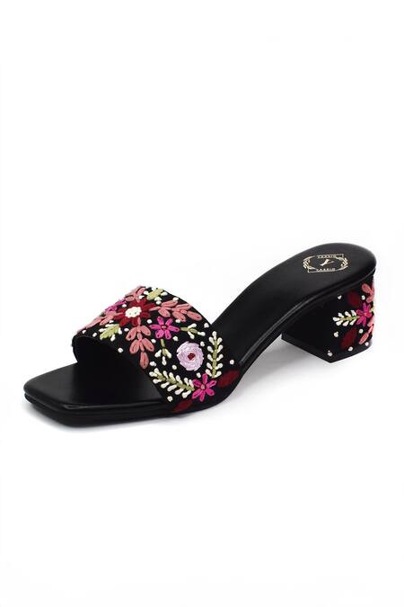 Yassio_Black Embroidery Shay Floral Heels _Online_at_Aza_Fashions