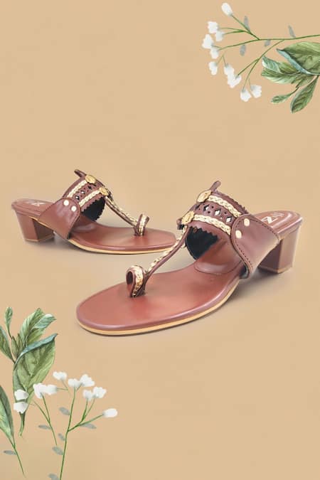 The Madras Trunk Brown Braided Strap Kolhapuri Block Heels 