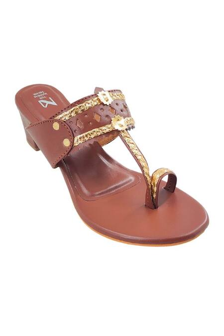 The Madras Trunk_Brown Braided Strap Kolhapuri Block Heels _Online_at_Aza_Fashions