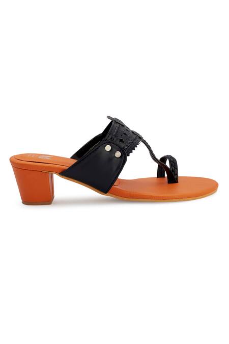 The Madras Trunk_Orange Colorblock Cutwork Strap Kolhapuri Heels _at_Aza_Fashions