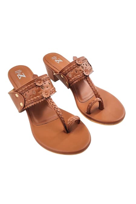 Shop_The Madras Trunk_Brown Braided Kolhapuri Block Heels _at_Aza_Fashions