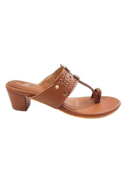 Shop_The Madras Trunk_Brown Braided Kolhapuri Block Heels _Online_at_Aza_Fashions