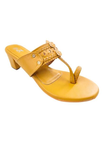 Shop The Madras Trunk Yellow Cutwork Braided Strap Kolhapuri Heels Online at Aza Fashions Shop_The Madras Trunk_Yellow Cutwork Braided Strap Kolhapuri Heels _Online_at_Aza_Fashions