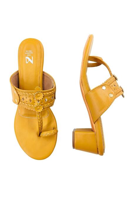 Buy The Madras Trunk Yellow Cutwork Braided Strap Kolhapuri Heels Buy_The Madras Trunk_Yellow Cutwork Braided Strap Kolhapuri Heels