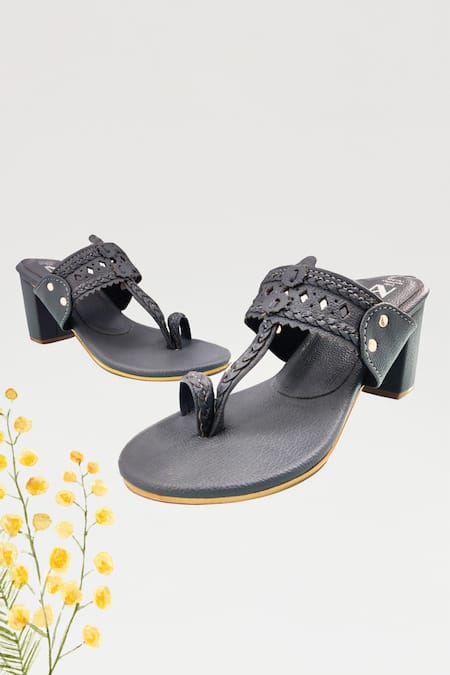 The Madras Trunk Grey Haiku Trio Braided Cutwork Kolhapuri Block Heels 