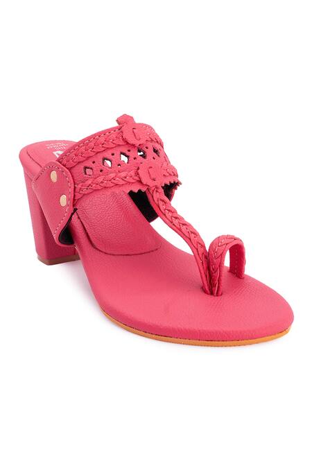 The Madras Trunk_Pink Haiku Trio Cutwork Kolhapuri Block Heels _Online_at_Aza_Fashions