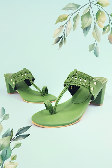 The Madras Trunk Green Haiku Trio Braided Strap Kolhapuri Block Heels 