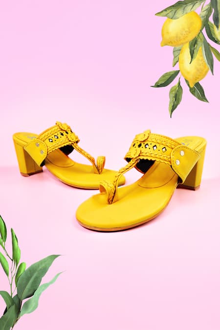 The Madras Trunk Yellow Haiku Trio Cutwork Strap Kolhapuri Block Heels 