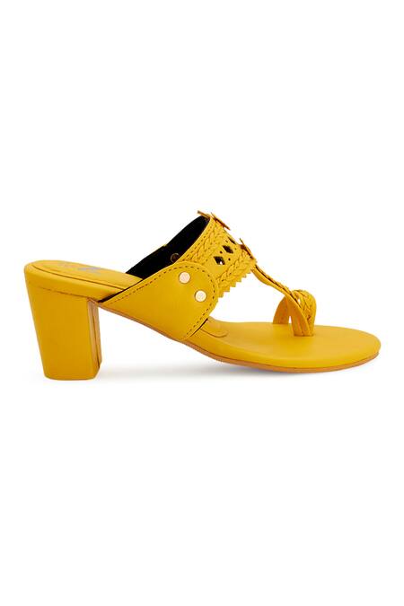 Shop_The Madras Trunk_Yellow Haiku Trio Cutwork Strap Kolhapuri Block Heels _Online_at_Aza_Fashions