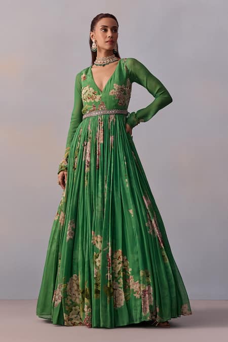 Kalista Green Viscose Georgette Print Bloom Deep V Neck Maira Embellished Anarkali 