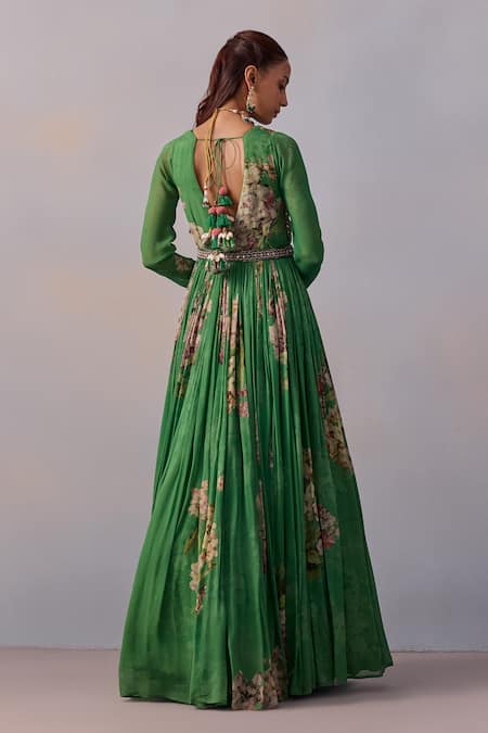 Shop_Kalista_Green Viscose, Georgette Sequins, Maira Bloom Print Embellished Anarkali _at_Aza_Fashions