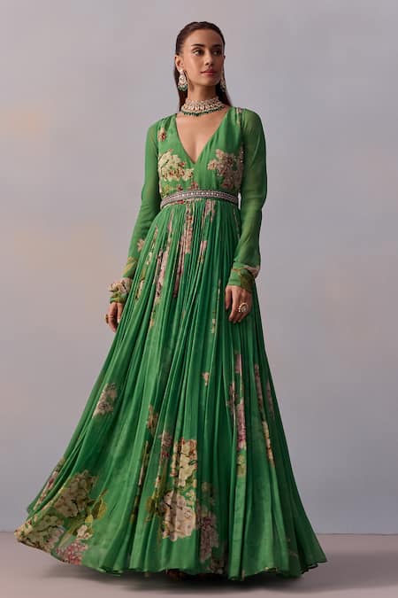 Kalista_Green Viscose, Georgette Sequins, Maira Bloom Print Embellished Anarkali _Online_at_Aza_Fashions