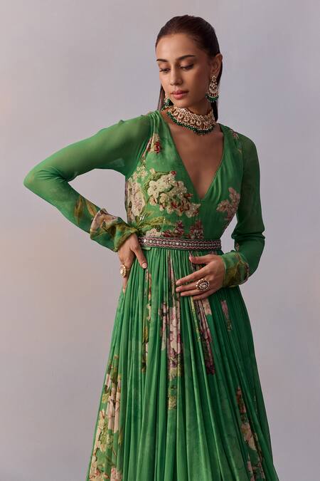 Buy_Kalista_Green Viscose, Georgette Sequins, Maira Bloom Print Embellished Anarkali _Online_at_Aza_Fashions