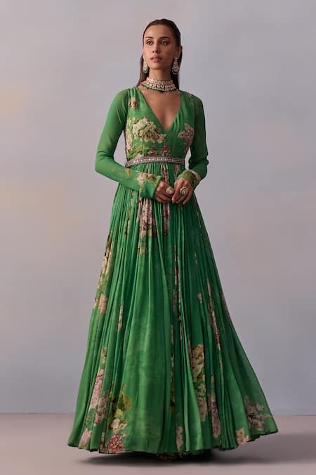 Shop_Kalista_Green Viscose, Georgette Sequins, Maira Bloom Print Embellished Anarkali _Online_at_Aza_Fashions