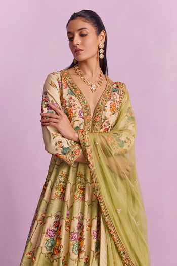 Kalista_Cream Tulle, Viscose Sequins, Adhira Vintage Blossom Print Anarkali With Dupatta _Online_at_Aza_Fashions