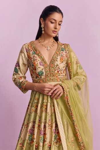 Buy_Kalista_Cream Tulle, Viscose Sequins, Adhira Vintage Blossom Print Anarkali With Dupatta _Online_at_Aza_Fashions