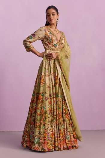 Shop_Kalista_Cream Tulle, Viscose Sequins, Adhira Vintage Blossom Print Anarkali With Dupatta _Online_at_Aza_Fashions
