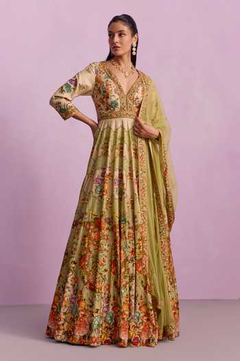 Kalista_Cream Tulle, Viscose Sequins, Adhira Vintage Blossom Print Anarkali With Dupatta _at_Aza_Fashions