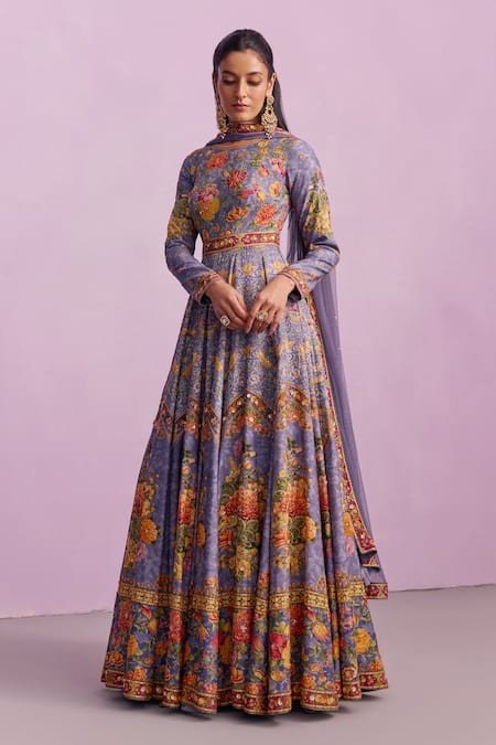 Kalista Purple Viscose Silk Print Guldasta Tahira Embellished Anarkali With Dupatta 