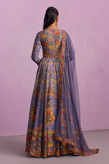 Shop Kalista Purple Tulle, Viscose Tahira Guldasta Print Embellished Anarkali With Dupatta at Aza Fashions Shop_Kalista_Purple Tulle, Viscose Tahira Guldasta Print Embellished Anarkali With Dupatta _at_Aza_Fashions