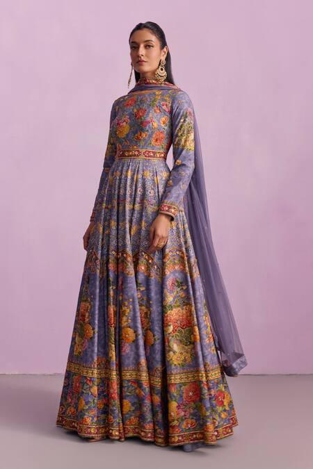 Kalista Purple Tulle, Viscose Tahira Guldasta Print Embellished Anarkali With Dupatta Online at Aza Fashions Kalista_Purple Tulle, Viscose Tahira Guldasta Print Embellished Anarkali With Dupatta _Online_at_Aza_Fashions