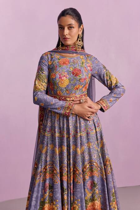Buy Kalista Purple Tulle, Viscose Tahira Guldasta Print Embellished Anarkali With Dupatta Online at Aza Fashions Buy_Kalista_Purple Tulle, Viscose Tahira Guldasta Print Embellished Anarkali With Dupatta _Online_at_Aza_Fashions