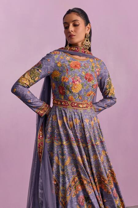 Shop Kalista Purple Tulle, Viscose Tahira Guldasta Print Embellished Anarkali With Dupatta Online at Aza Fashions Shop_Kalista_Purple Tulle, Viscose Tahira Guldasta Print Embellished Anarkali With Dupatta _Online_at_Aza_Fashions